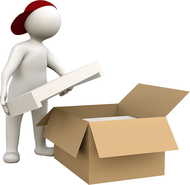 Konzept für Goldankauf online: Figur in grau mit rotem Hut, die einen weißen Gegenstand in einen offenen, braunen Karton verpackt.
